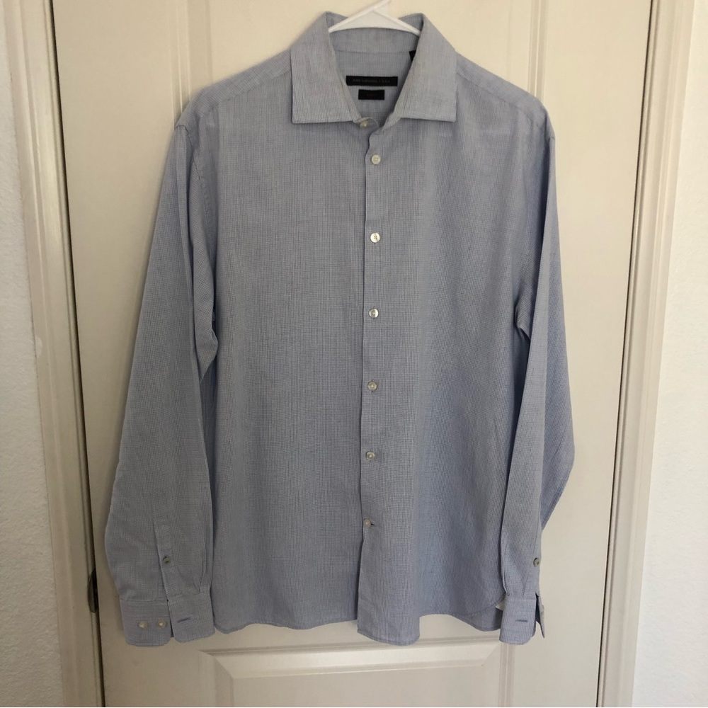 John Varvatos Micro Check Slim Fit Dress Shirt Sz Large Blue Plaid  designer